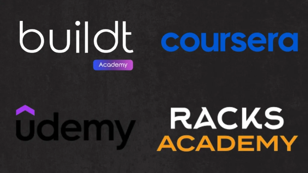 Logos de Racks Academy, Buildt Academy, Coursera y Udemy comparativa cursos de inteligencia artificial 2026
