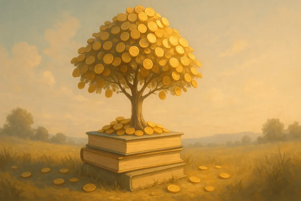 Árbol del dinero sobre libros simbolizando la educación y el crecimiento financiero.