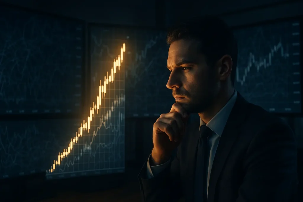 Trader reflexionando frente a gráficos financieros, símbolo de los errores al operar sin método
