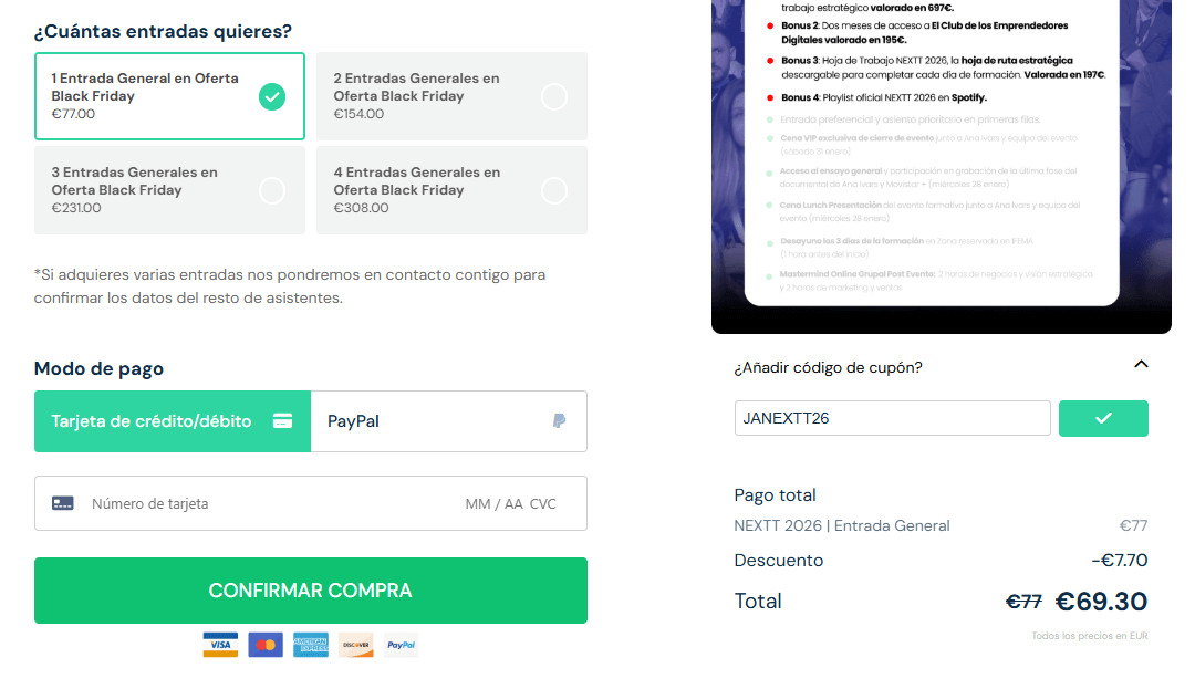 Ejemplo de cómo aplicar el código de descuento JANEXTT26 en la compra de entradas del evento NEXTT 2026