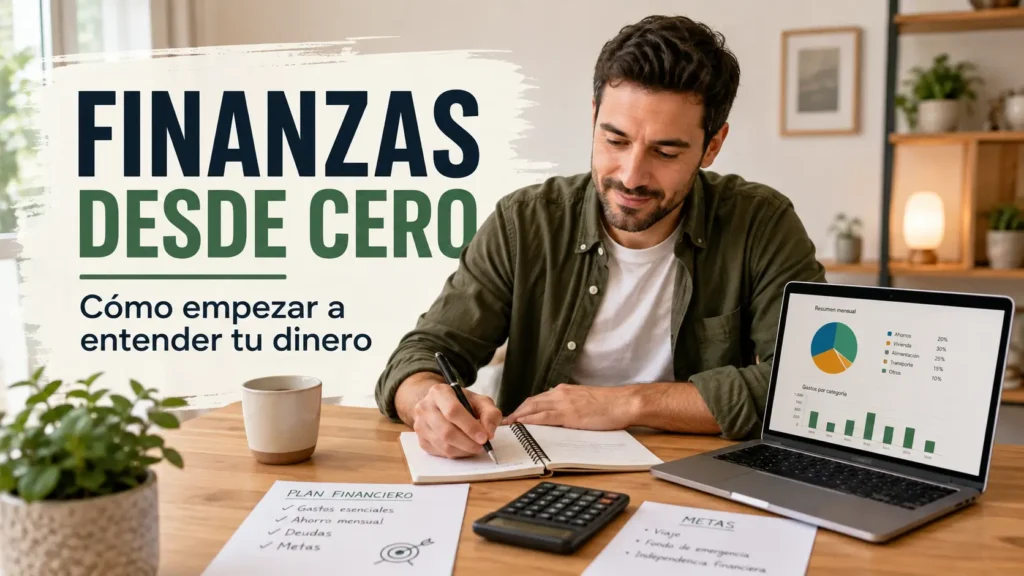 Aprender finanzas desde cero: hombre organizando sus cuentas con cuaderno, calculadora y portátil