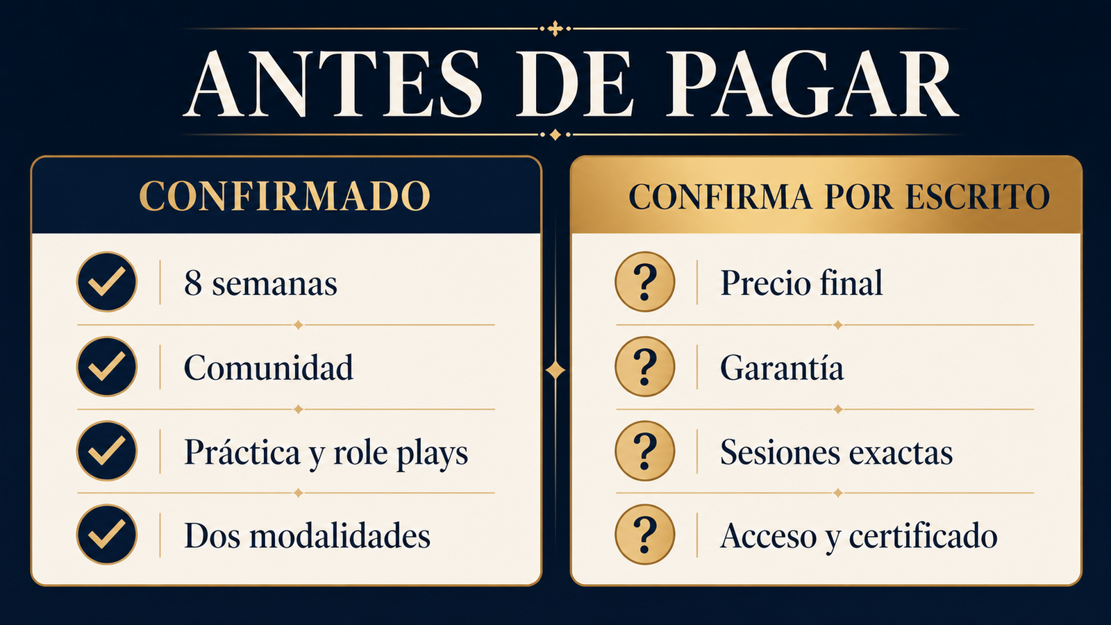 Información confirmada y condiciones que conviene revisar antes de pagar Closer de Ventas