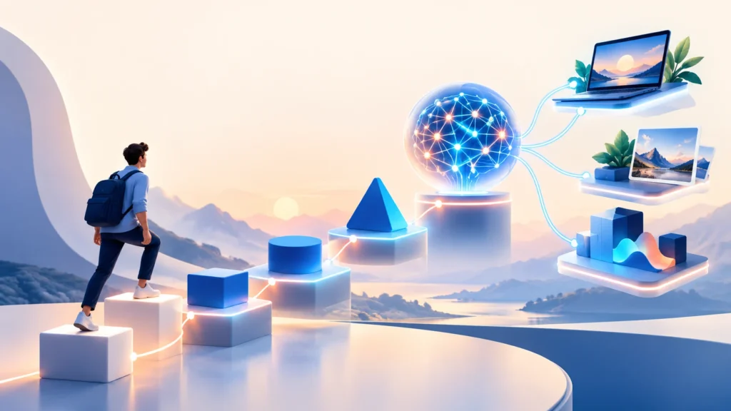 Ilustración moderna con una ruta visual para aprender inteligencia artificial desde cero