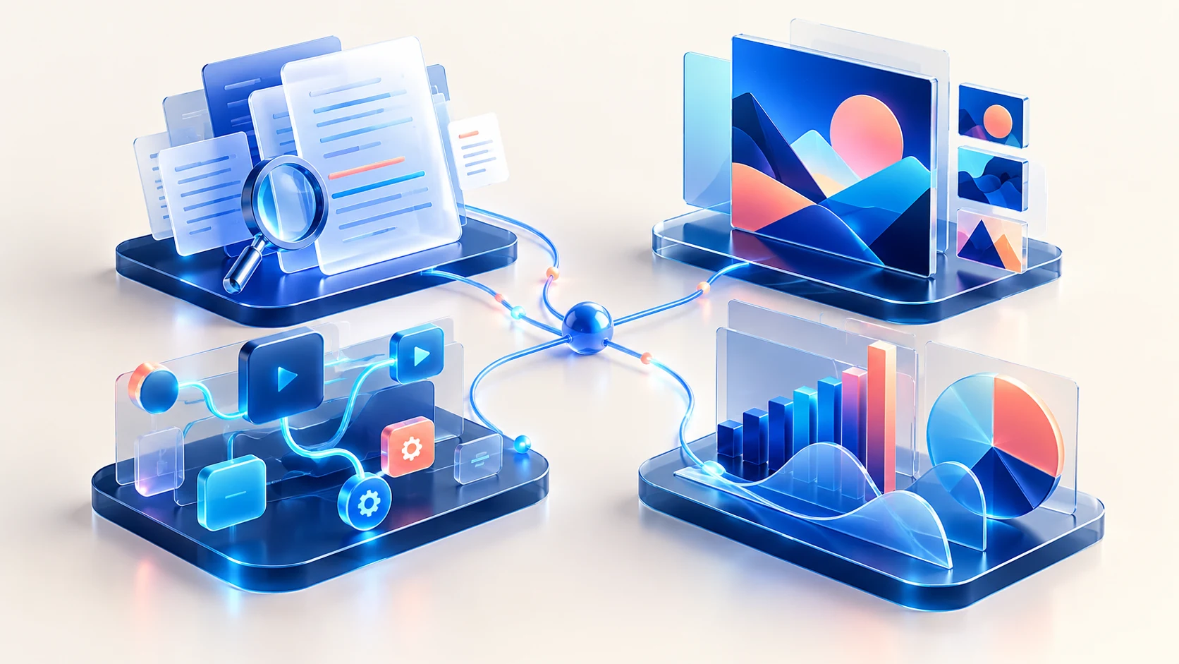 Ilustración de herramientas de inteligencia artificial para texto, imagen, análisis y automatización